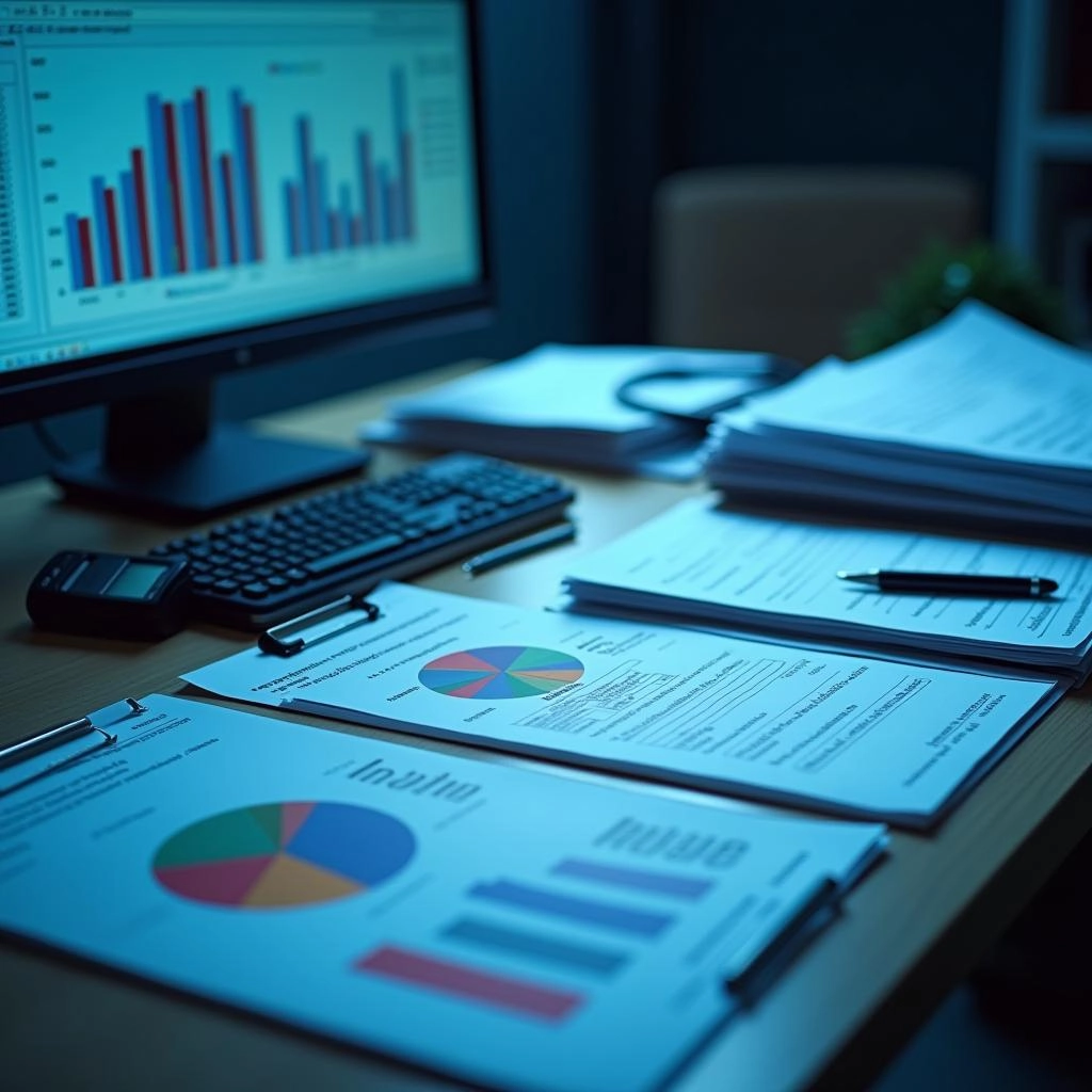 desk filled with tax papers and a computer screen