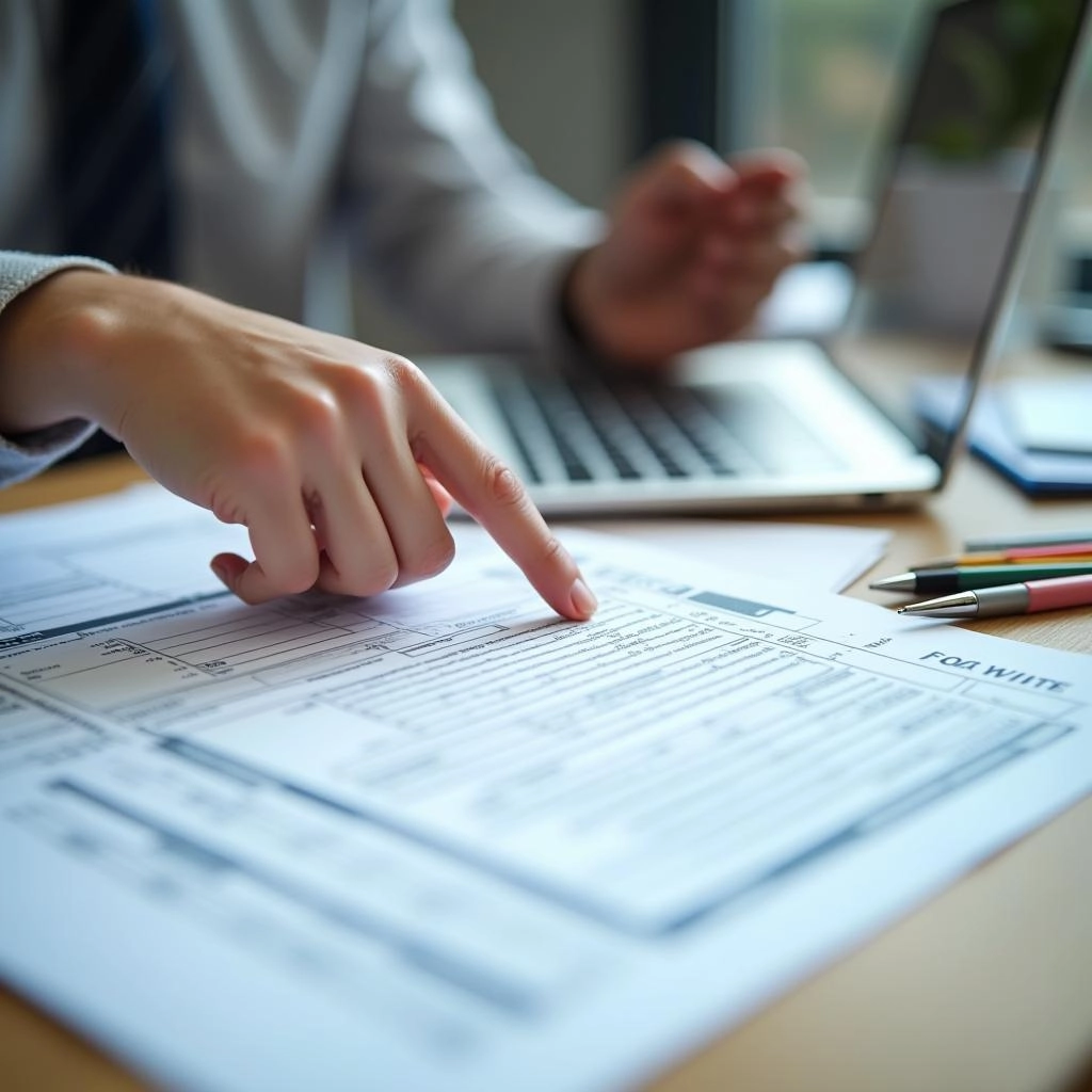shot of a tax consultant's hands pointing to a detailed tax form on a desk
